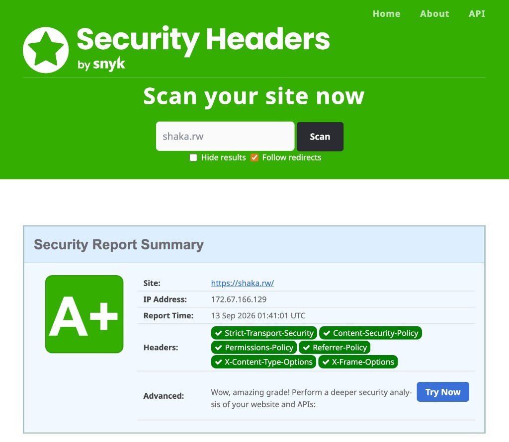 Security Headers by Snyk report for shaka.rw: grade A+ with HSTS, CSP, Permissions-Policy, Referrer-Policy, X-Content-Type-Options, and X-Frame-Options.